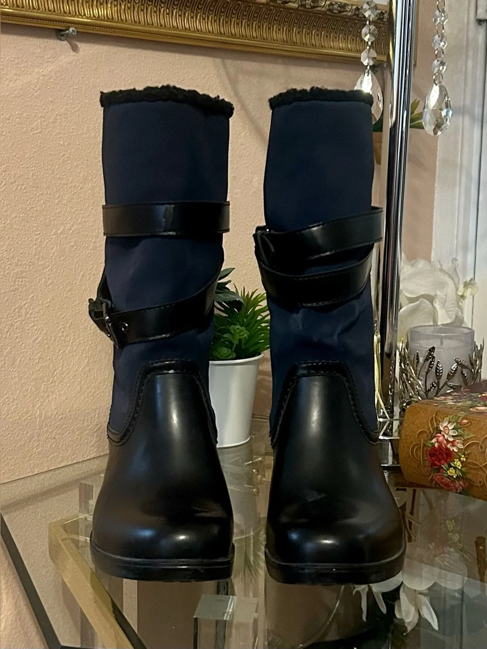 Coach Zena Navy Suede and Black Leather Mid-Calf Buckle Boots Size 8